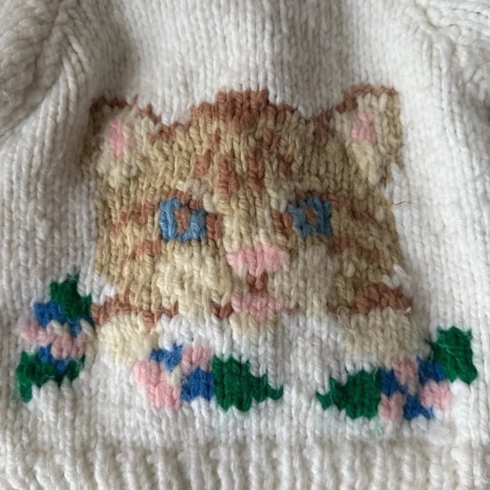 Vintage Sweater Hand Knitted by Grandma Cardigan Sweater Kitten